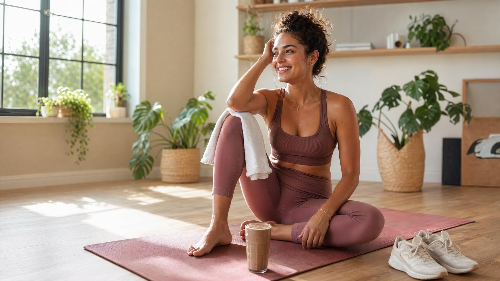 Adult woman in a calm home studio after exercise with a smoothie nearby