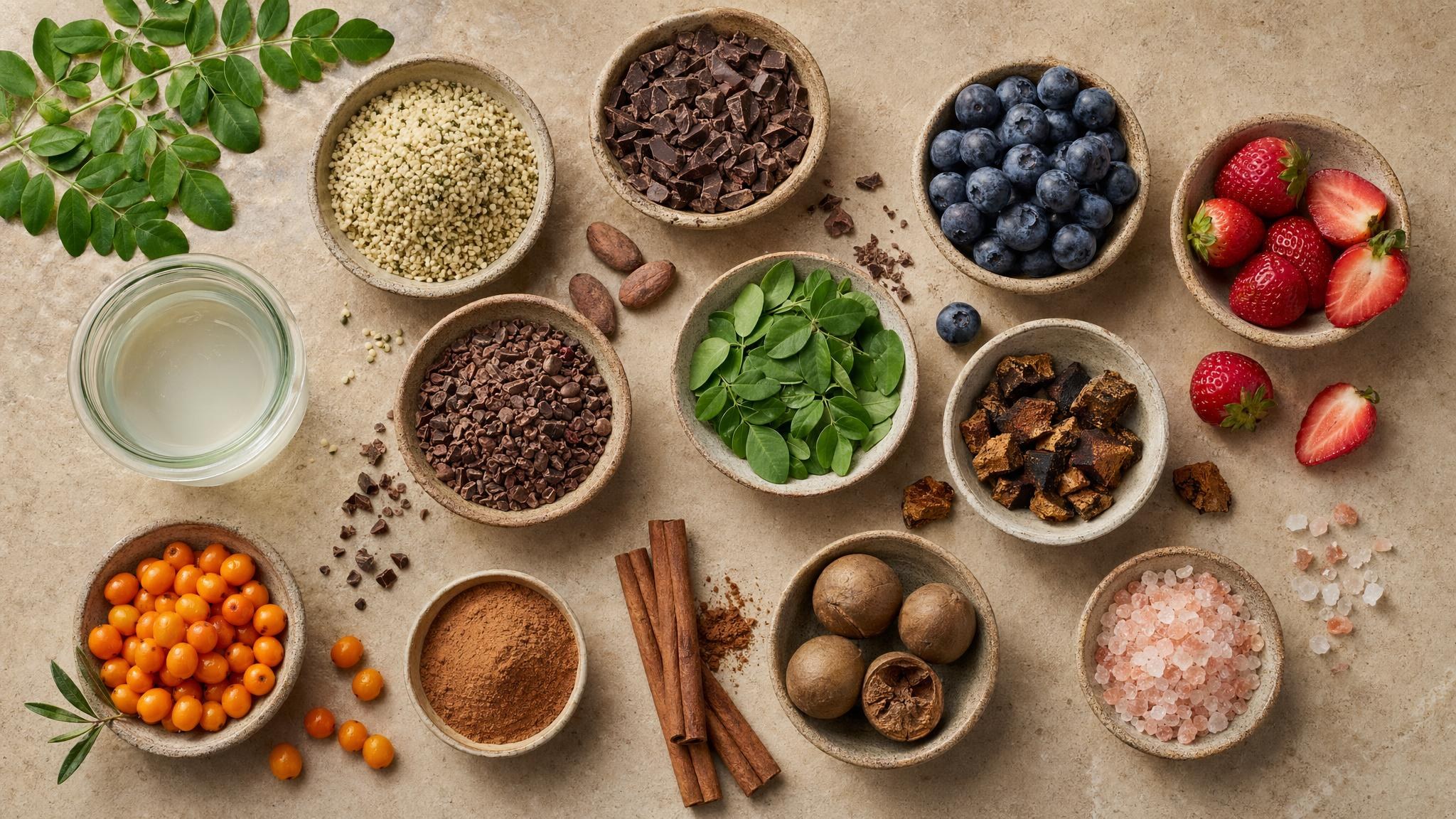 Flat lay of Nutrigazm-inspired whole-food ingredients including berries, cacao, hemp hearts, moringa, chaga, and pink salt