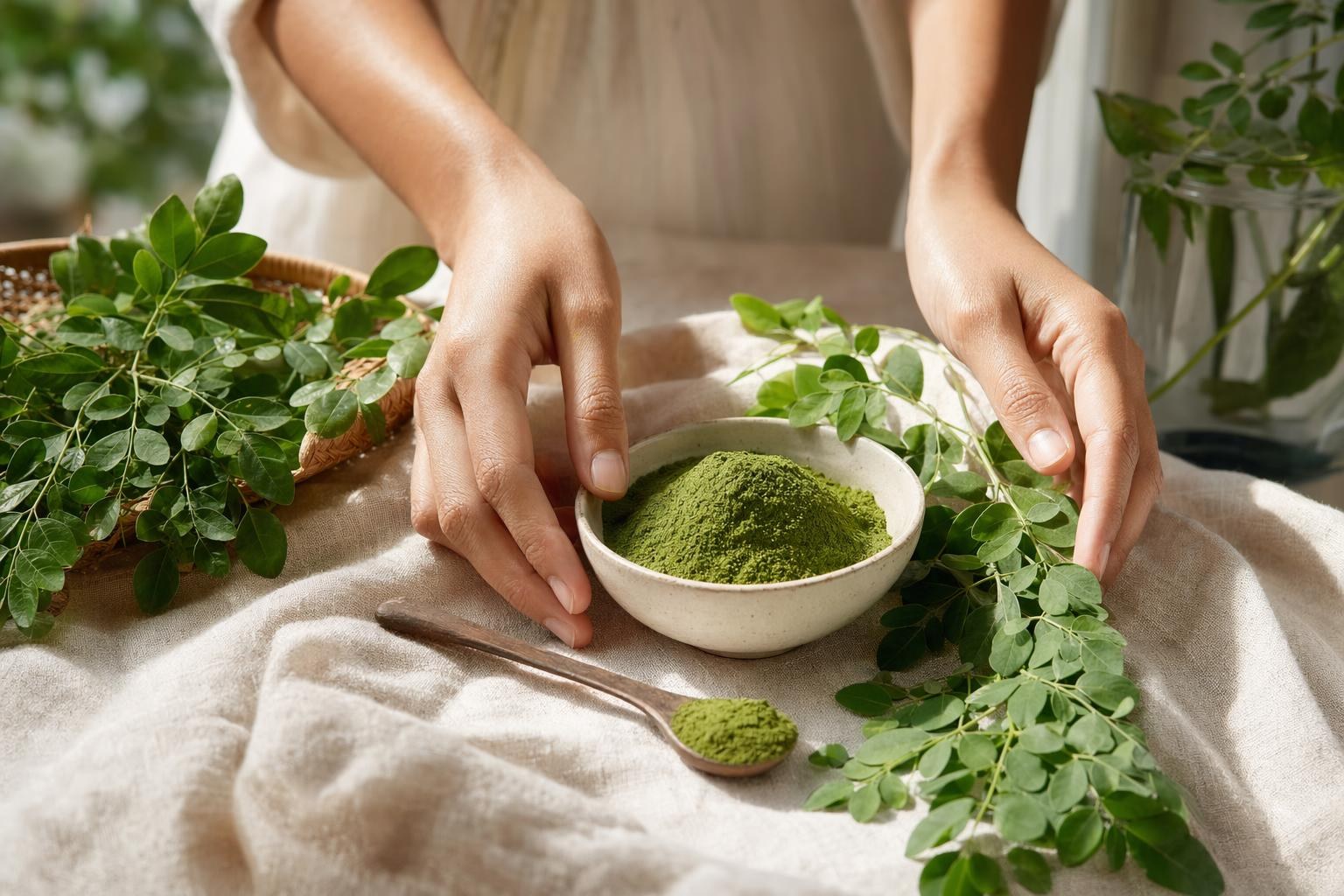 Adult hands arranging moringa leaves and moringa powder on a sunlit table