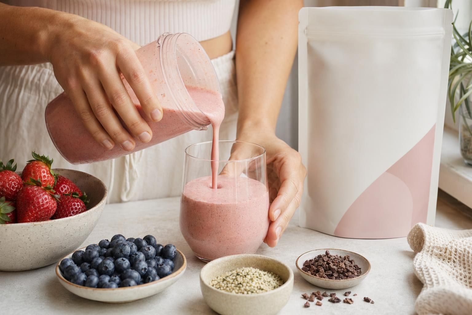 Adult hands pouring a creamy strawberry smoothie beside berries, hemp hearts, cacao, and a clean white pouch